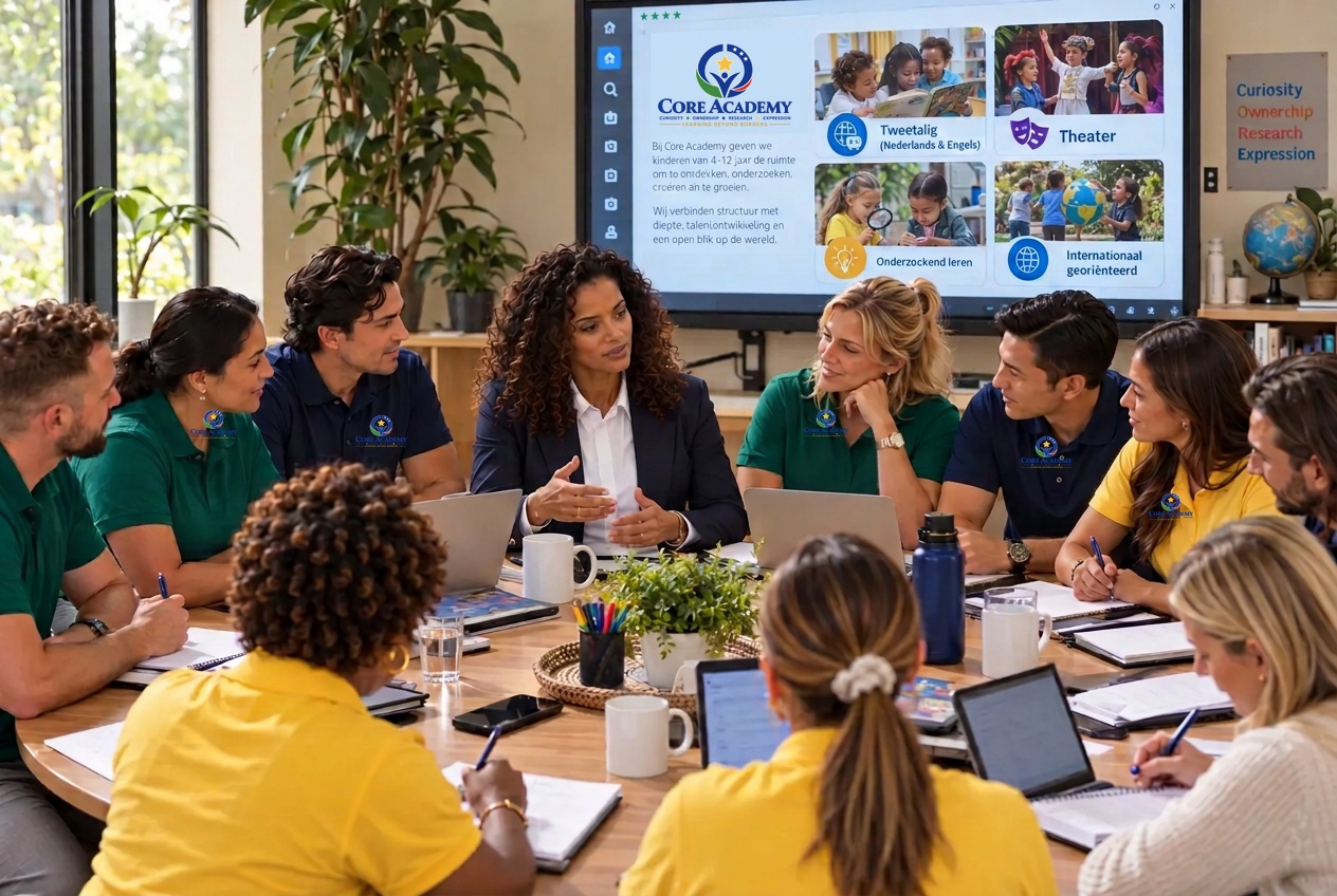 Het schoolteam bespreekt onderwijs tijdens een overleg